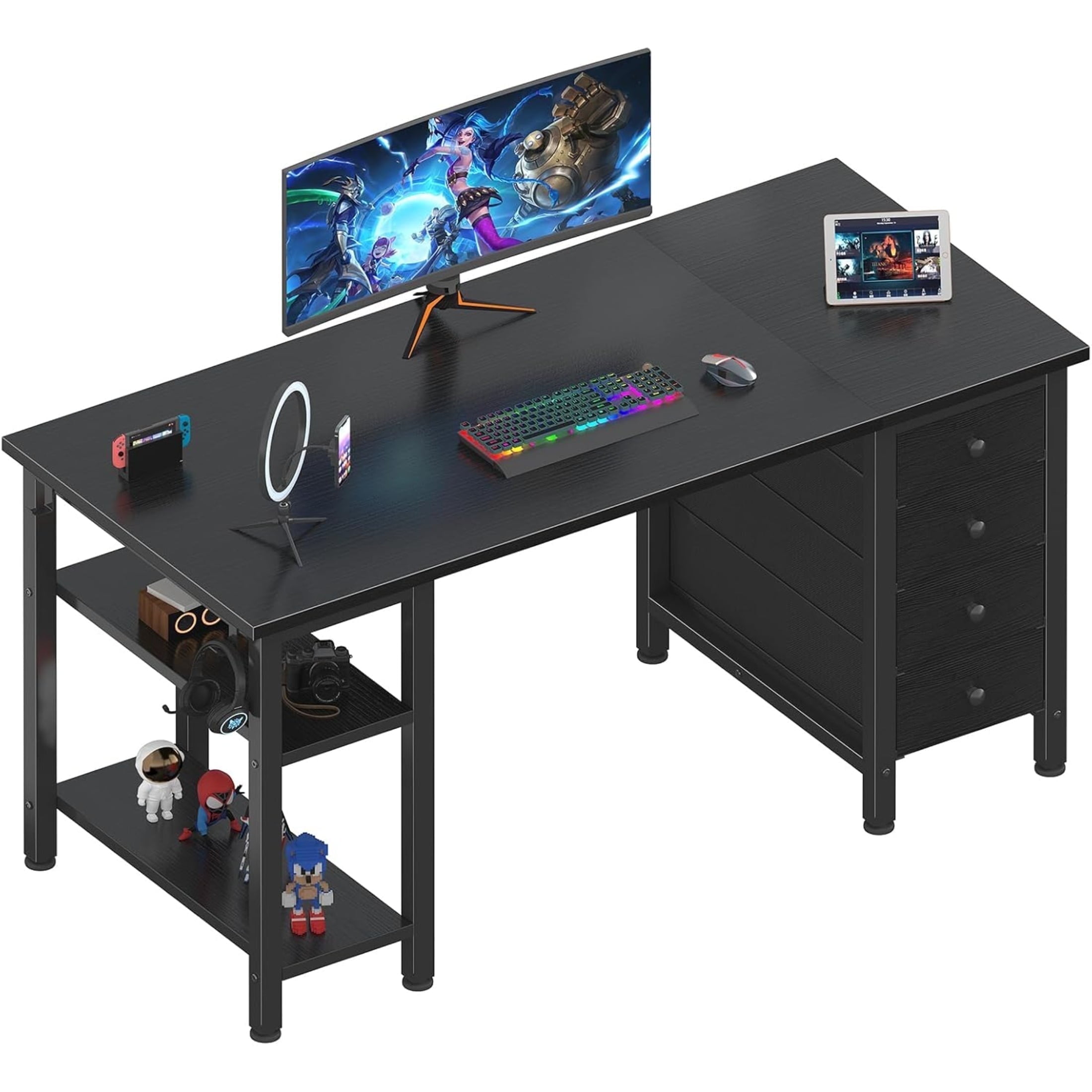 JEZWX Gaming Desk with 4 Fabric Drawers and Storage Shelves, 47 Inch Computer Writing Study Desk for Home Office Bedroom, Black