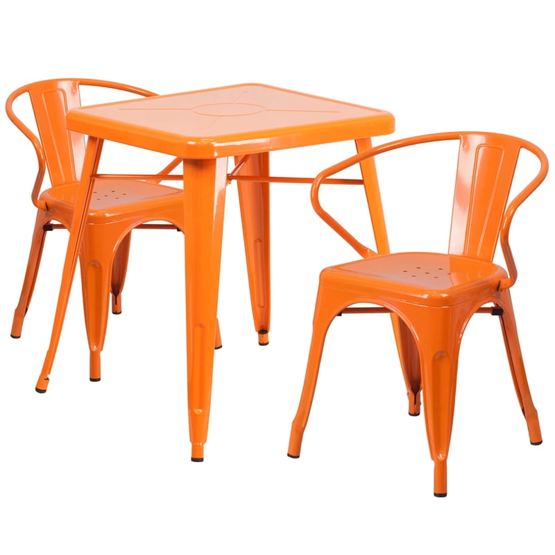 Commercial 23 75 Square Orange Metal Indoor Outdoor Table Set 2 Arm Chairs Com Metal Indoor Outdoor Table, Mason Green Outdoor Furniture