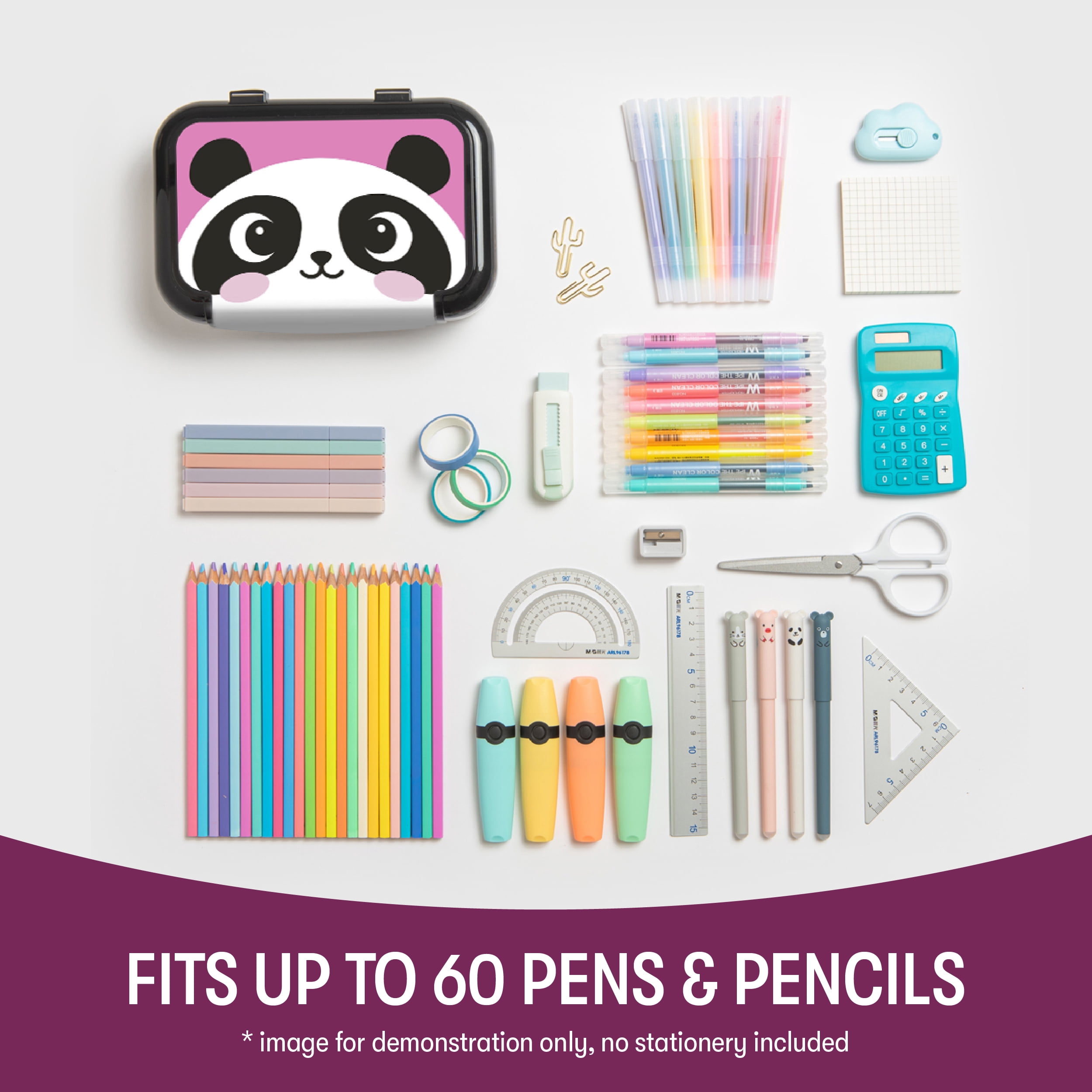 ZIPIT Recycled Plastic Pencil Box for Kids, Elementary School Box, Pink Panda