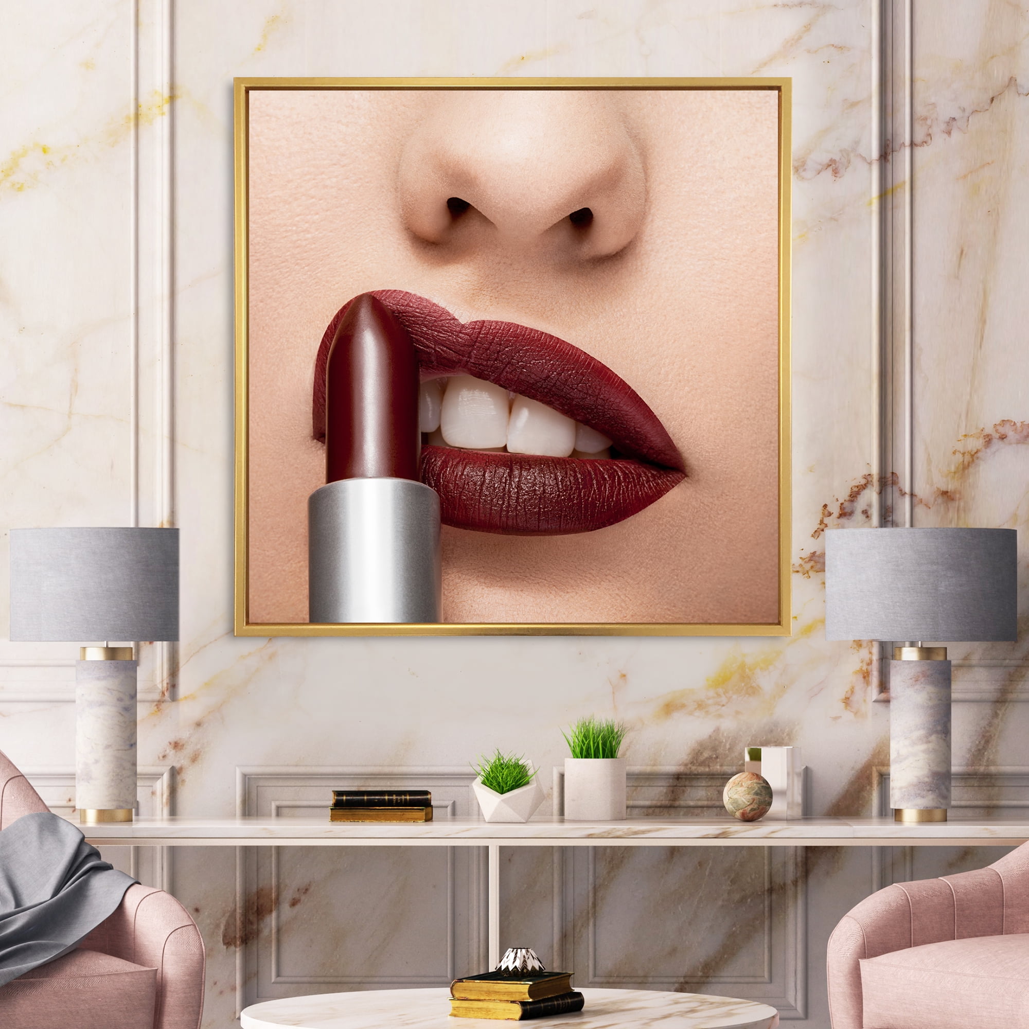 Designart 'Red Lipstick Getting Applyed On Woman Lips' Modern Framed Canvas Wall Art Print