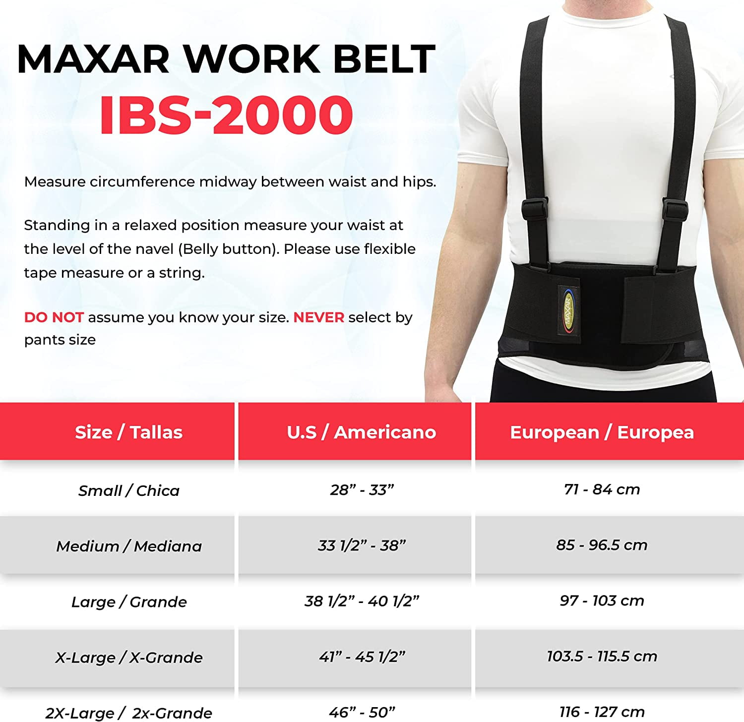 MAXAR Work Belt, Industrial Lumbosacral Support Back Brace (Standard with Suspenders)