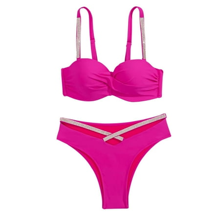 Mnyotv Women Bikini Set Women s Fashion Rhinestone Thong Bikini Set With Padded Underwire Push Up Top Red S