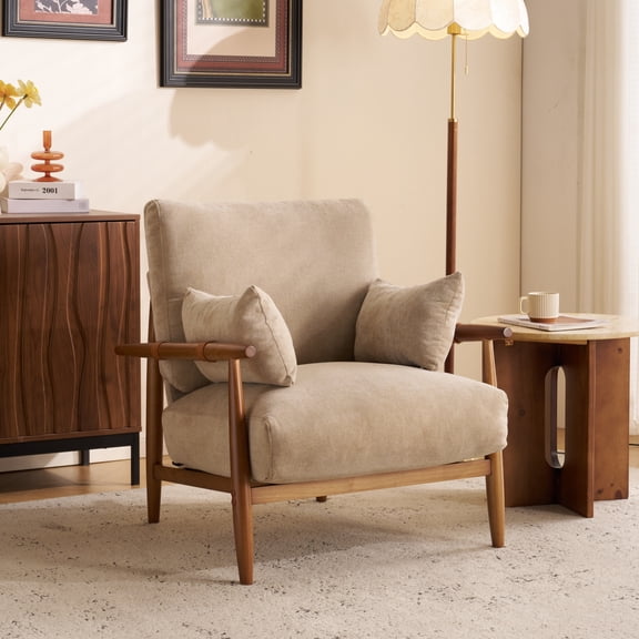 Ktaxon Mid-Century Accent Chair, Rubberwood Chenille Armchair, Upholstered Lounge Chair for Living Room Bedroom Light Khaki