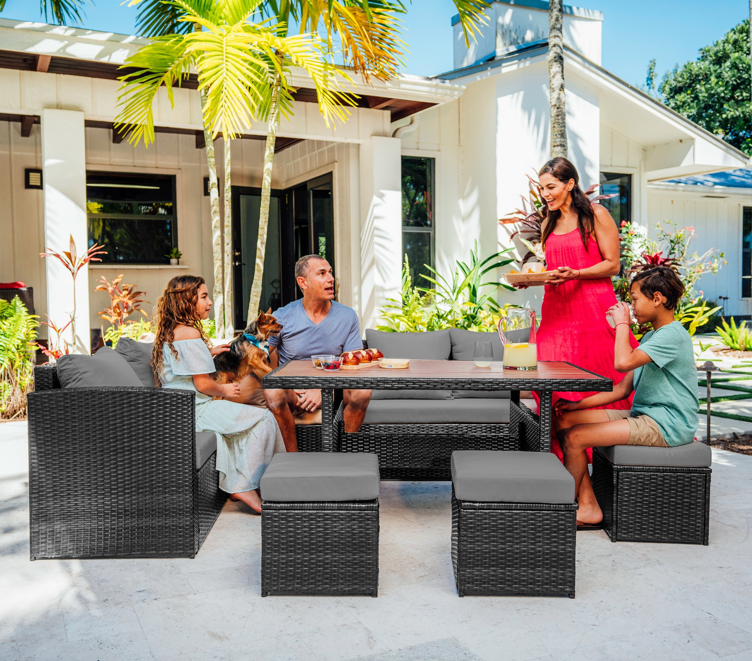 Hearth & Harbor 7 Piece Outdoor Furniture Set, Wicker Outdoor Sectional Dining Set with 10 Seats and Patio Table, Gray with Gray Cushions