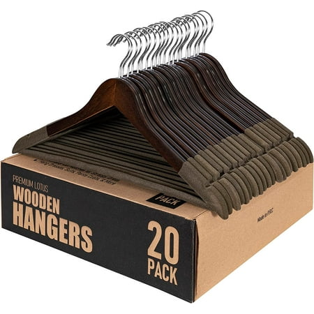 Wooden Hanger - Suit Hangers for Men Non Slip - Luxury Natural Lotus Wood & Velvet Hangers for Hanging Pants, Suits, Dress & Skirts -360° Rotating Hook Hangers Wood - Wooden Hangers 20 Pack