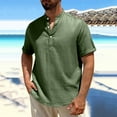 thumbnail image 2 of YLSDY Cotton Linen Shirts for Men V Neck Half Button up Shirts Short Sleeve Breathable Casual Beach Holidays T Shirt Fashion Tops Army Green S, 2 of 7