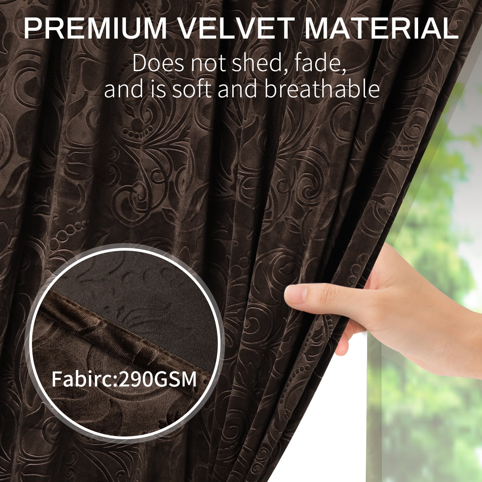 Lapalife Blackout Velvet Curtains, Scroll Floral Pattern Rod Pocket Thermal Insulated Velvet Curtain Drapes for Living Room, 2 Panels, 52"x 72", Toffee Brown