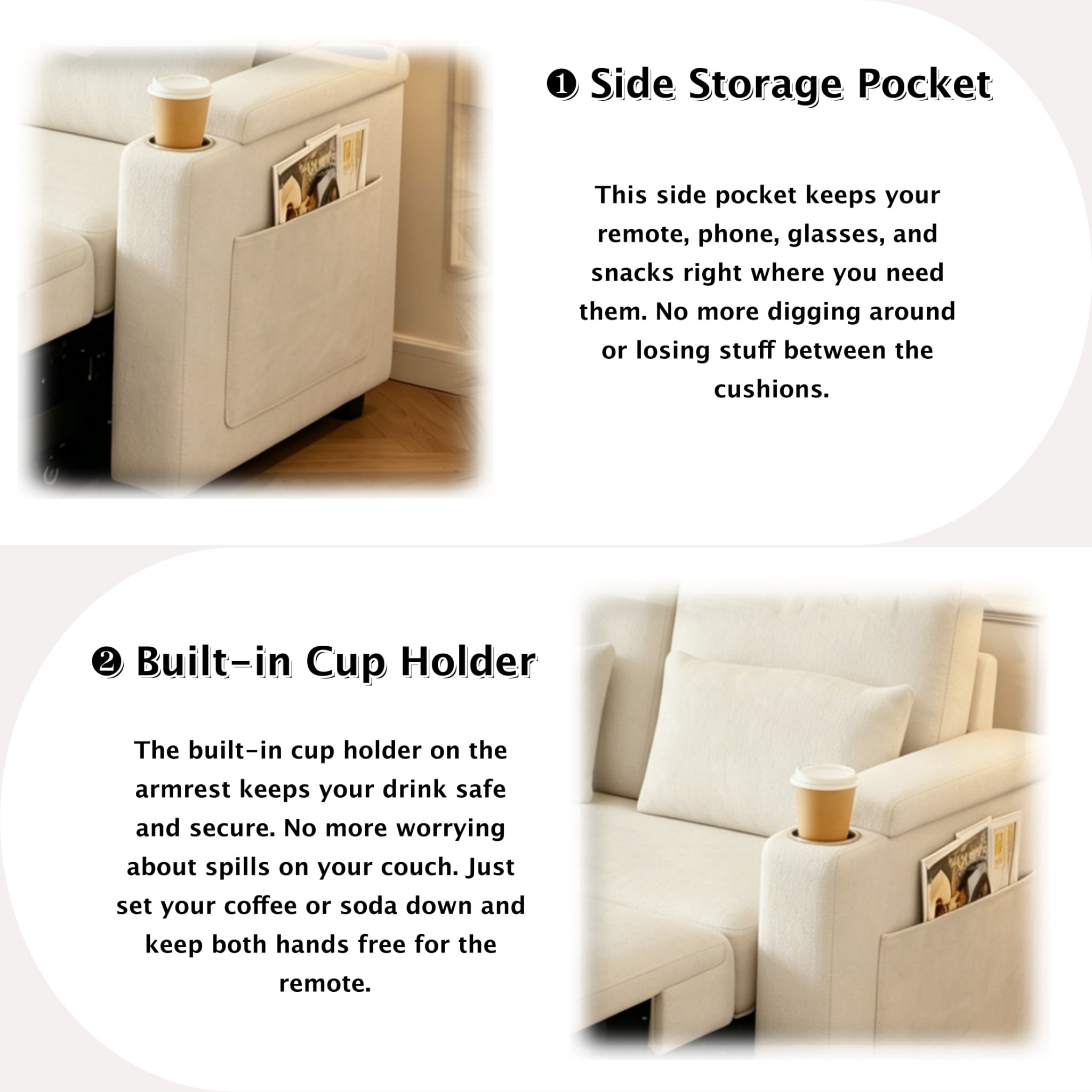 ShiKeyi 83" 3-in-1 Convertible Sofa Bed, Chenille 3 Seater Couch with Adjustable Backrest, USB Ports, Storage Armrests & Fold-Down Table, Off White