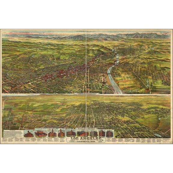 24"x36" Gallery Poster, map of Los Angeles, California, 1894