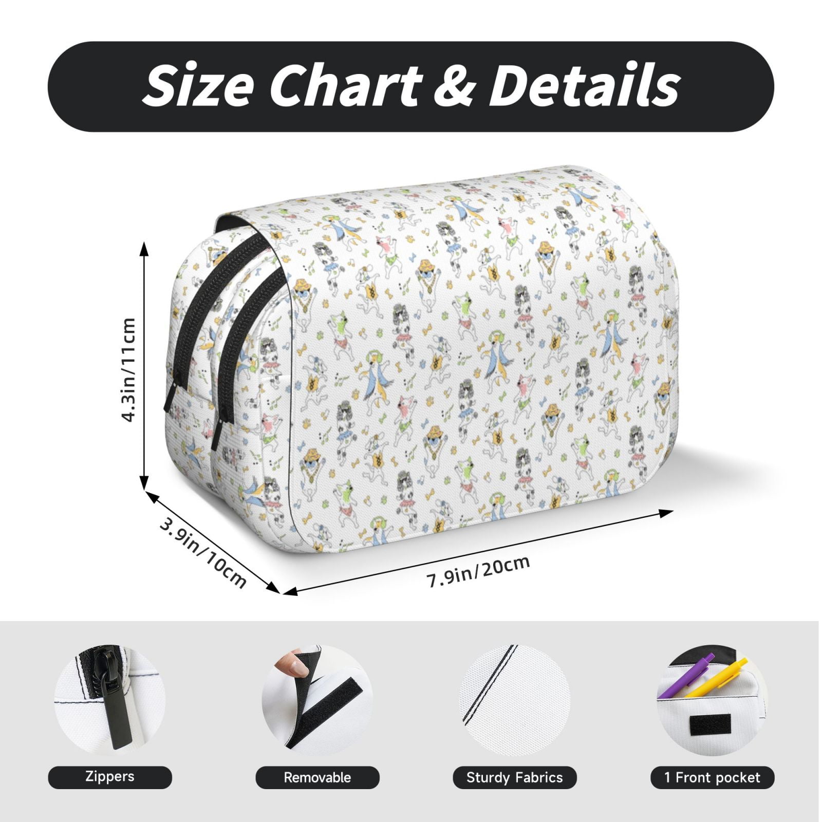 Rateoe Dancing Dogs Pattern Double Clamshell Pen Case, Storage Organizer with Two Zipper Compartments– Holds Up to 50 Pencils & Pens