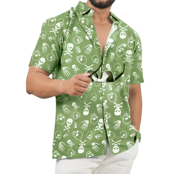 LA LEELA Men's Hawaiian Short Sleeve Beach Caribbean Cruise Shirt Fashion Halloween Costumes Button Up Shirts for Men M Allover Bones Skull Green