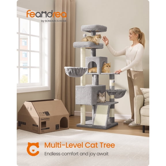 68.5-Inch Multi-Level Cat Tree with 2 Caves and Baskets, 8 Scratching Posts Tower for Large Cats, Dove Gray