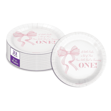 Pink Bows First Birthday - 32 Piece Disposable Party Supplies - Decorations for Girl's 1st Birthday Round Party Plates - Large 9" Paper Plates In Bulk