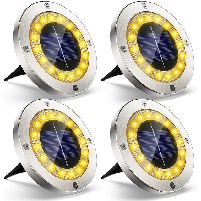 Focos solares para jardín de exterior, paquete de 4, 16 LED, impermeables IP65, inalámbricos, de acero inoxidable, para césped, camillas, caminos y plantas.