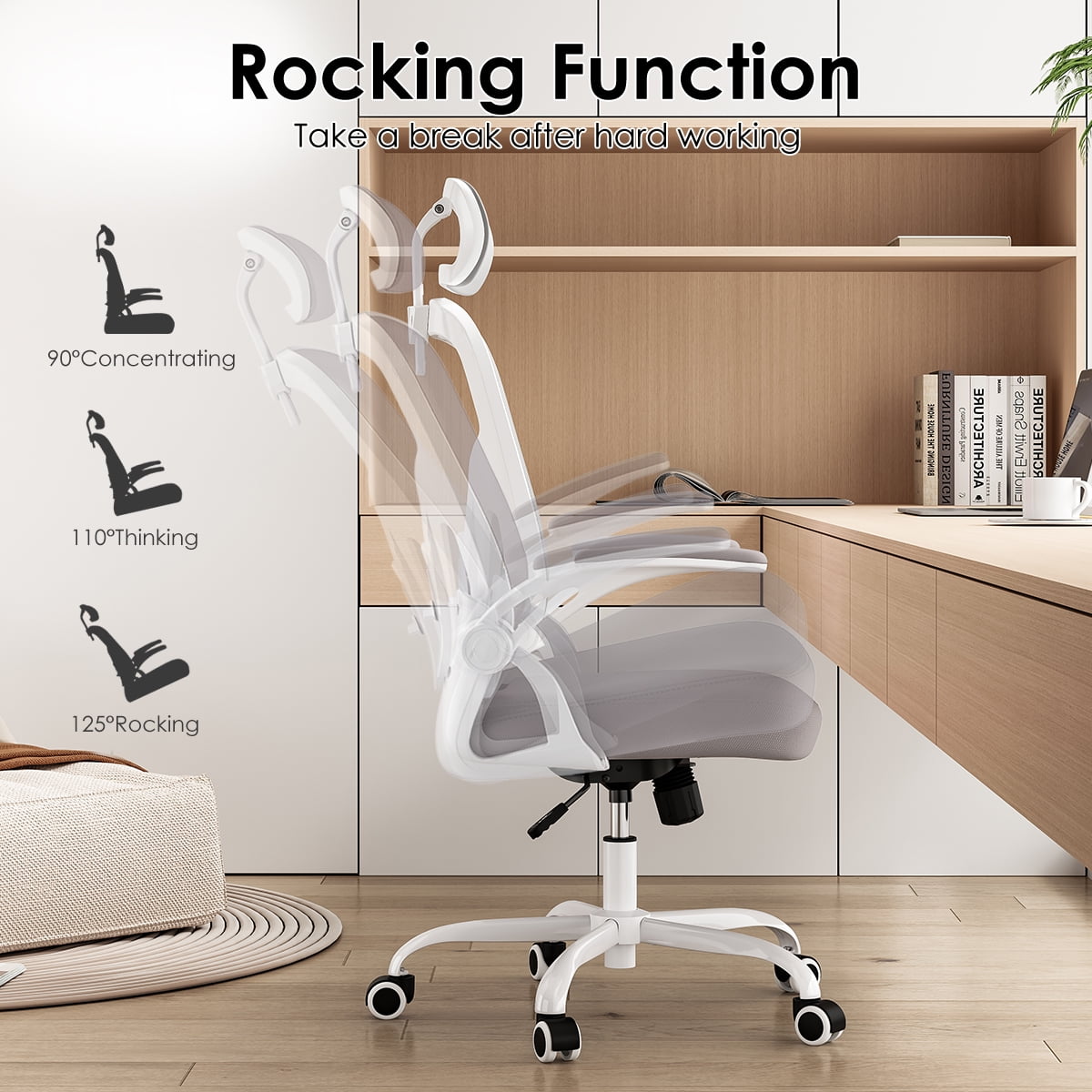 High Back Ergonomic Office Chair with Headrest, White & Gray Adjustable Lumbar Support Computer Desk Chair, Comfortable Armrest Task Chair for Home Office Study Room