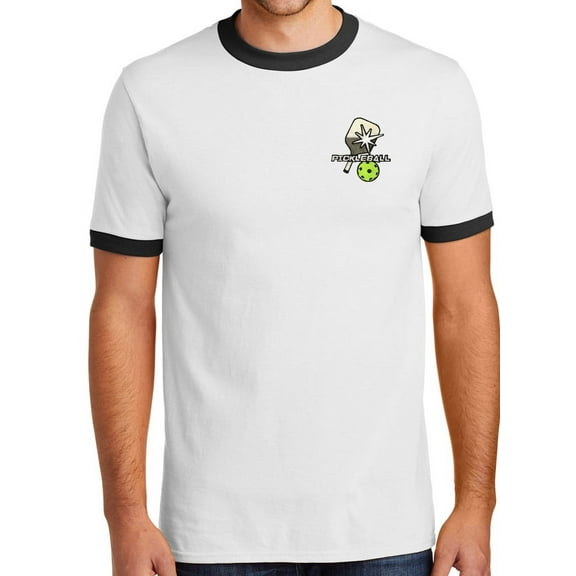 Mens Pickle Ball Pickleball Patch 100% Cotton Ringer Tee Shirt, XL White/Black