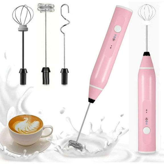 SkyAuks Rechargeable Milk Frother Handheld with 3 Heads, Coffee Electric Whisk Drink Foam Mixer, Mini Hand Stirrer with 3 Speeds Adjustable for Latte, Cappuccino, Hot Chocolate, Egg, Pink