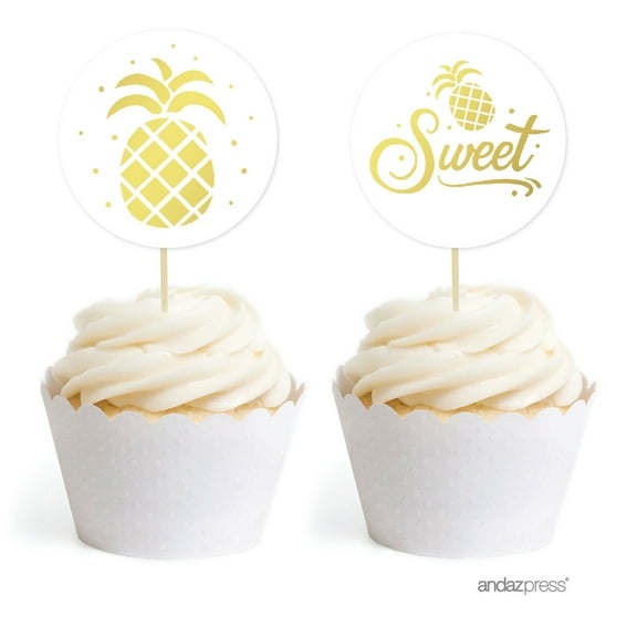 Gold Ink Pineapple Party, 20-Pack Birthday DIY Cupcake Toppers Kit