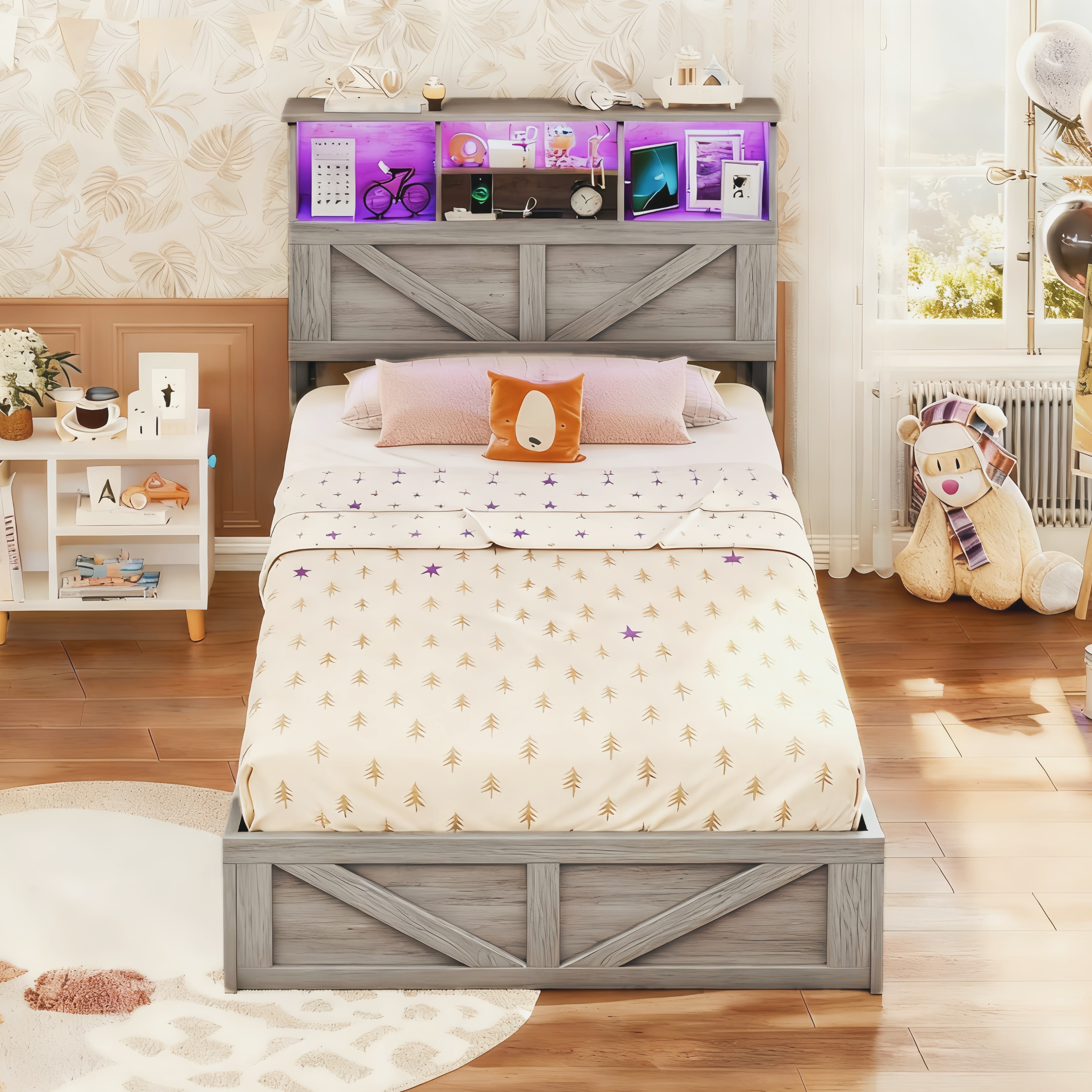 Twin Size Bed Frame, Farmhouse Wooden Platform Twin Bed with Storage Headboard Bookcase and 11'' Under-bed Storage Drawers Gray
