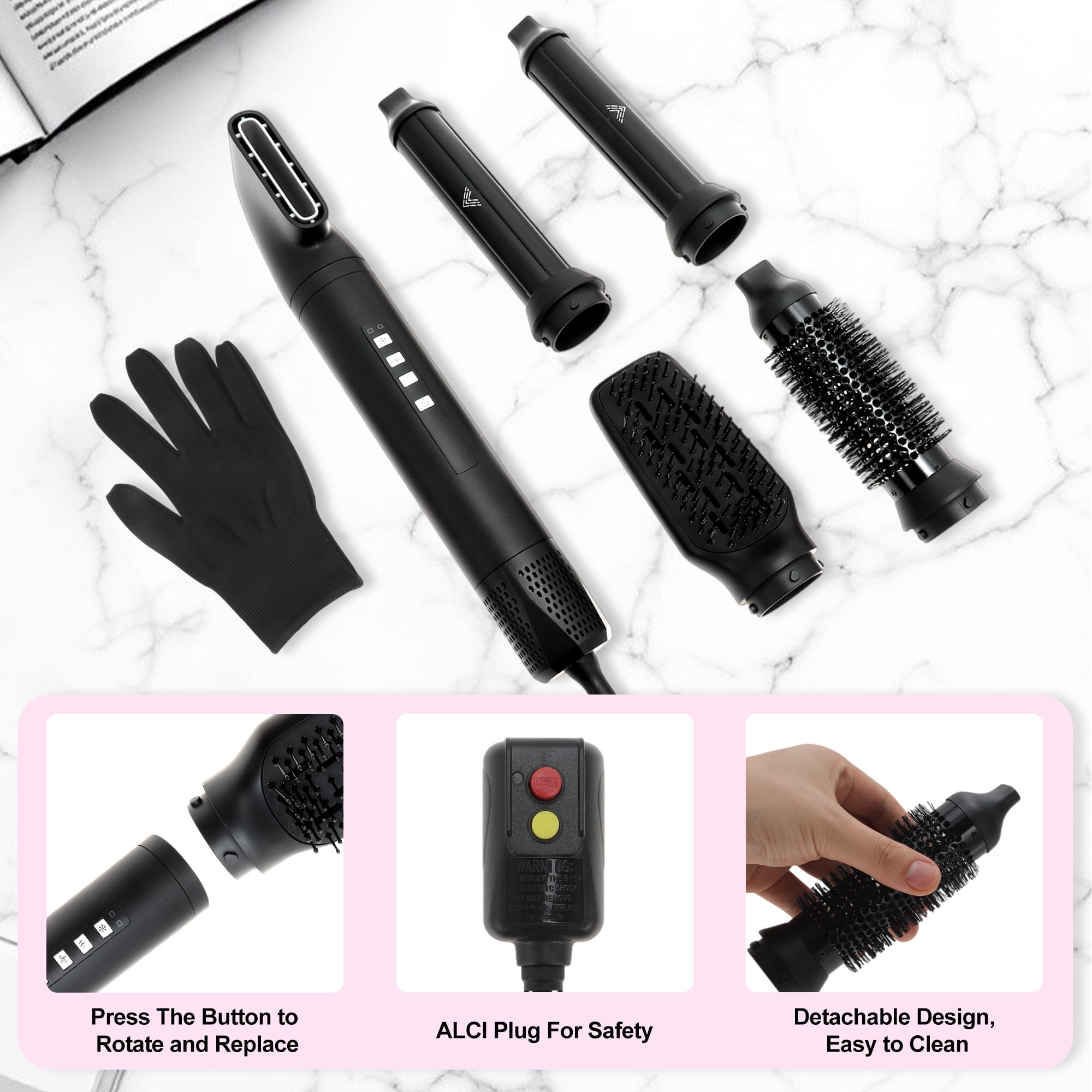 Unique Bargains 5 in 1 Air Styler Hot Air Brush Hair Dryer & Curling Iron with Attachments Professional Multi-Styler for Straightening Volumizing and Drying Lightweight & Fast Heating Black