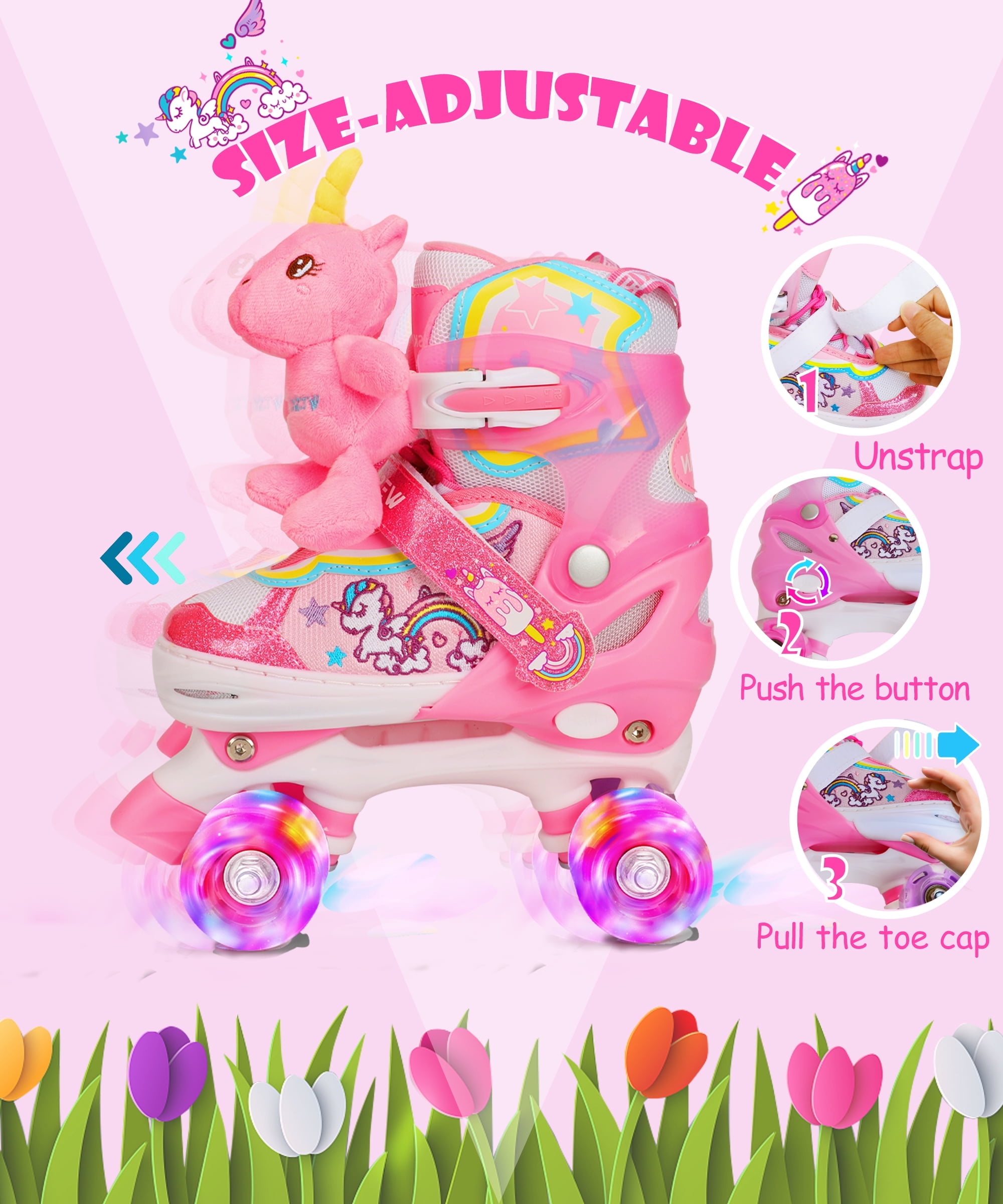 Patins Licorne WESKIFAN Pour Filles – Ajustables, Roues Lumineuses, ABEC-7, 4 Tailles