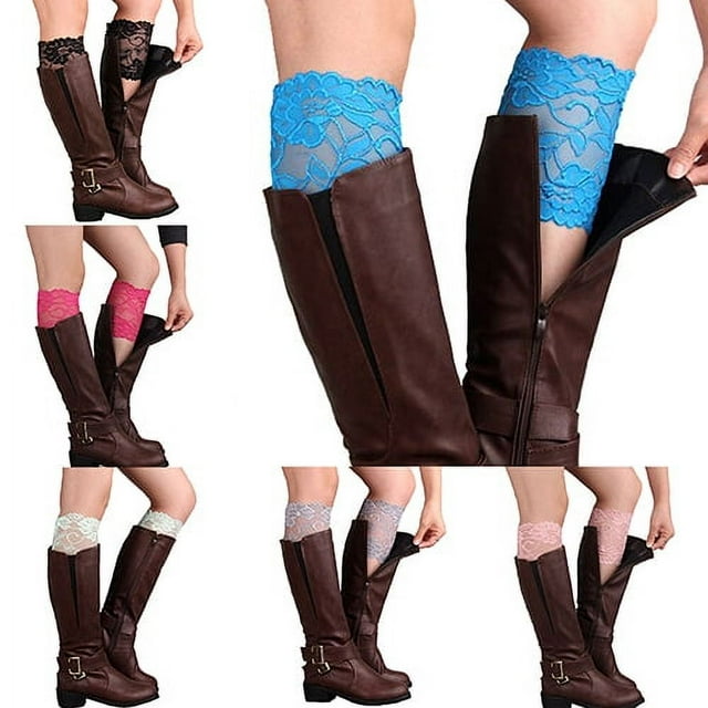 Chaussettes Hautes Mode Femmes Filles Extensibles à Fleurs avec Bordure en Dentelle, Poignets de Bottes, Jambières