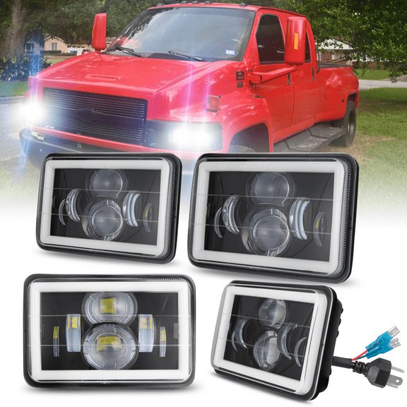Fit Chevy Kodiak C4500 C5500 C6500 C7500 2003 2004 2005-2009 4x6''LED Headlights HI-LO Halo DRL