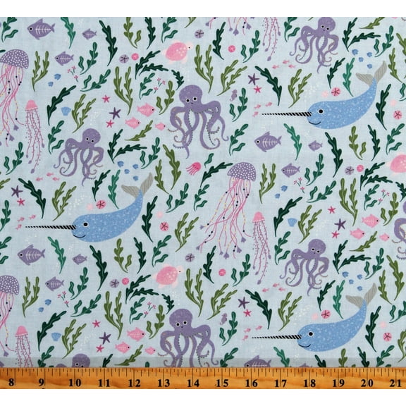 Cotton Narwhals Octopus Octopi Jelly Fish Sea Turtles Fishes Ocean Animals Nautical Seas the Day Light Blue Cotton Fabric Print by the Yard (STELLA-D2881-CANAL)