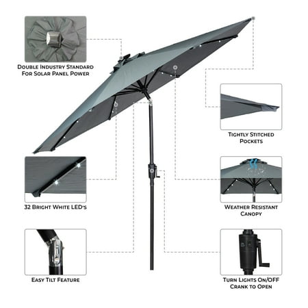 Sun Ray - 9' Round Solar Lighted Umbrella - Taupe