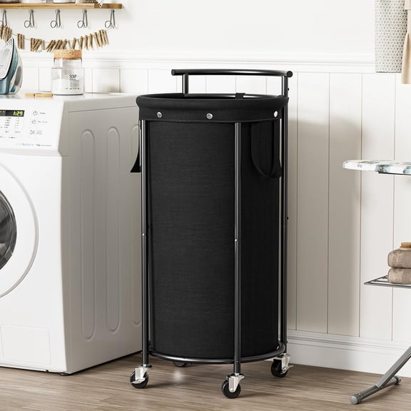 110L Laundry Hamper with Wheels,Rolling Laundry Basket with Removable Bag,Round Iron Laundry Cart with Steel Frame and Handle,Dirty Clothes Hamper Organizer for Dorm,Laundry Room(Black)
