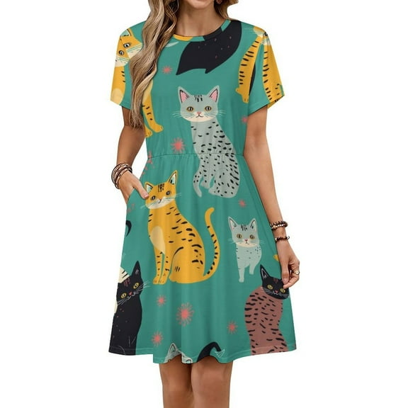 Cute Cat Pattern Short Sleeve Dress Summer Women Clothes Dress for Women Dresses