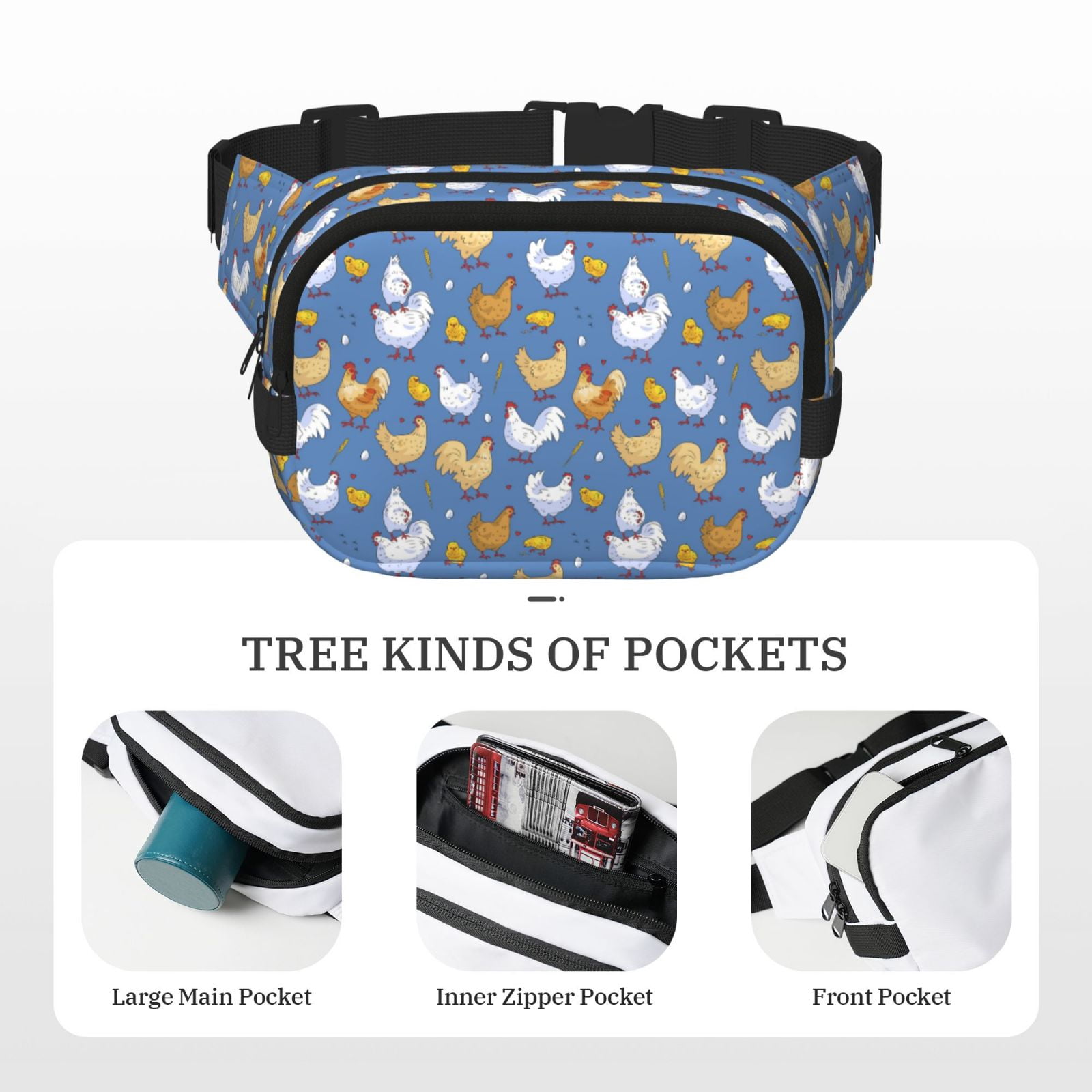 Picia Chicken Family Print Square Double-Layer Waist Bag Mini Adjustable Waist Belt Bag Exercise Running Travel Hiking