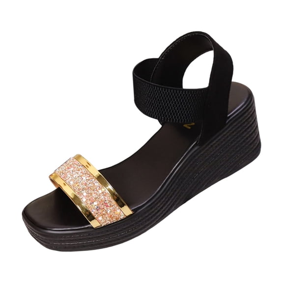 Xfvqtps Wedge Sandals for Women Summer Sparkly Glitter Sequin Strap Elastic Beach Open Toe Casual Party Shoes
