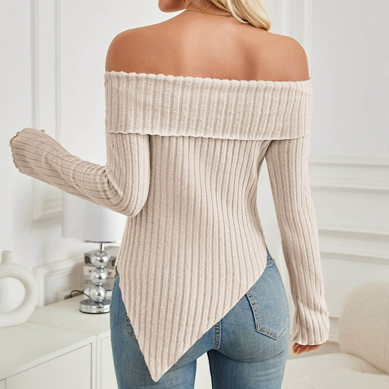 トップス Crayme, Off Shoulder Slit Knit chic-folded-off-shoulder-long-