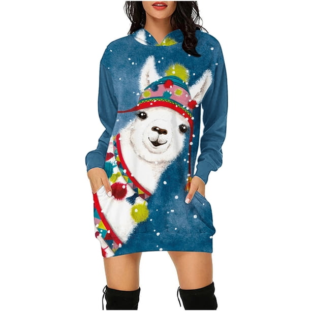 Vestido de sudadera con bolsillo y estampado navideño de manga larga con capucha para mujer Pompotops hdfakjf9342