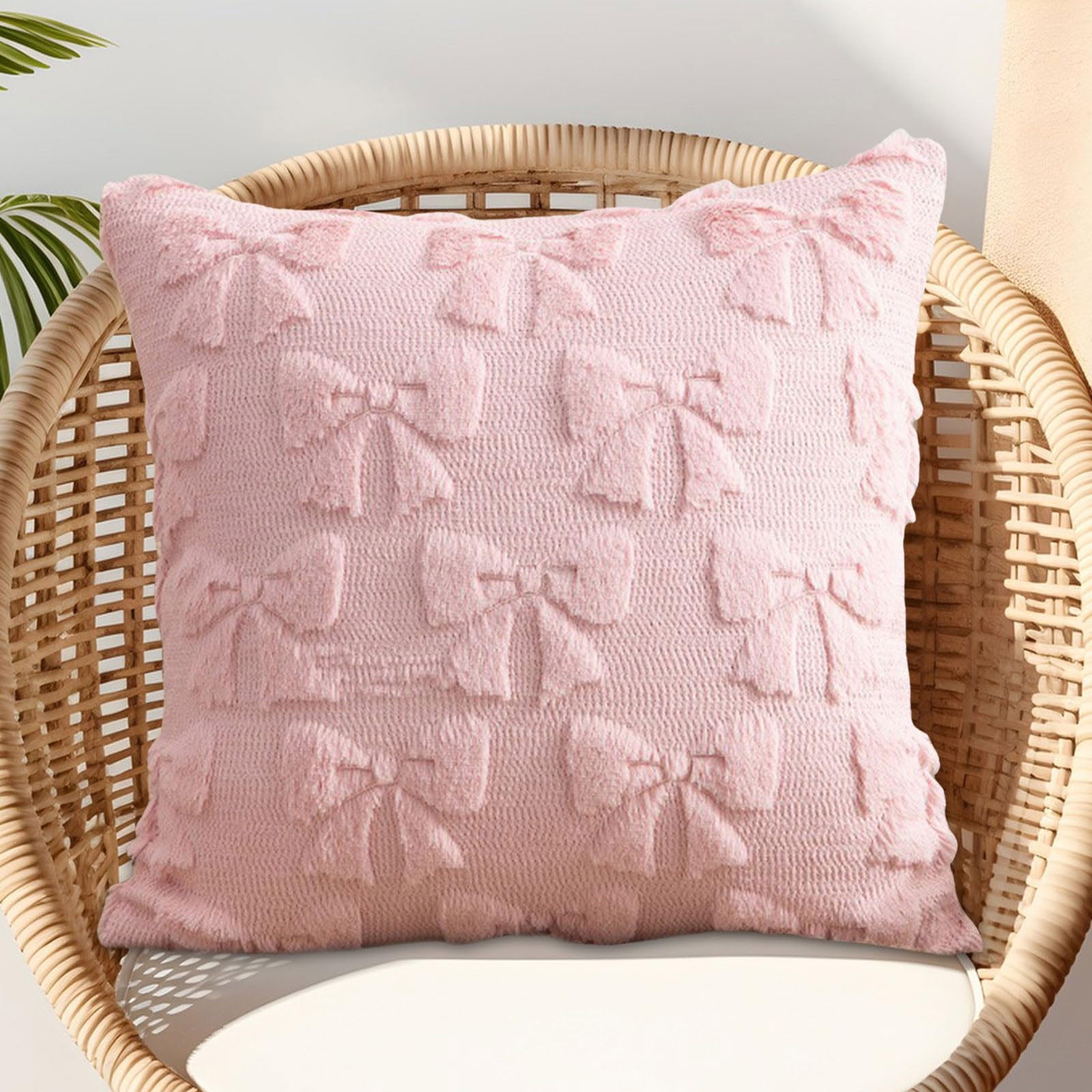 4PCS Pink Bow Throw Pillow Covers - 18 Inch Decorative Pillow Covers, Soft Plush Fluffy Bowknot Couch Pillows for Bedroom Living Room Sofa Decor