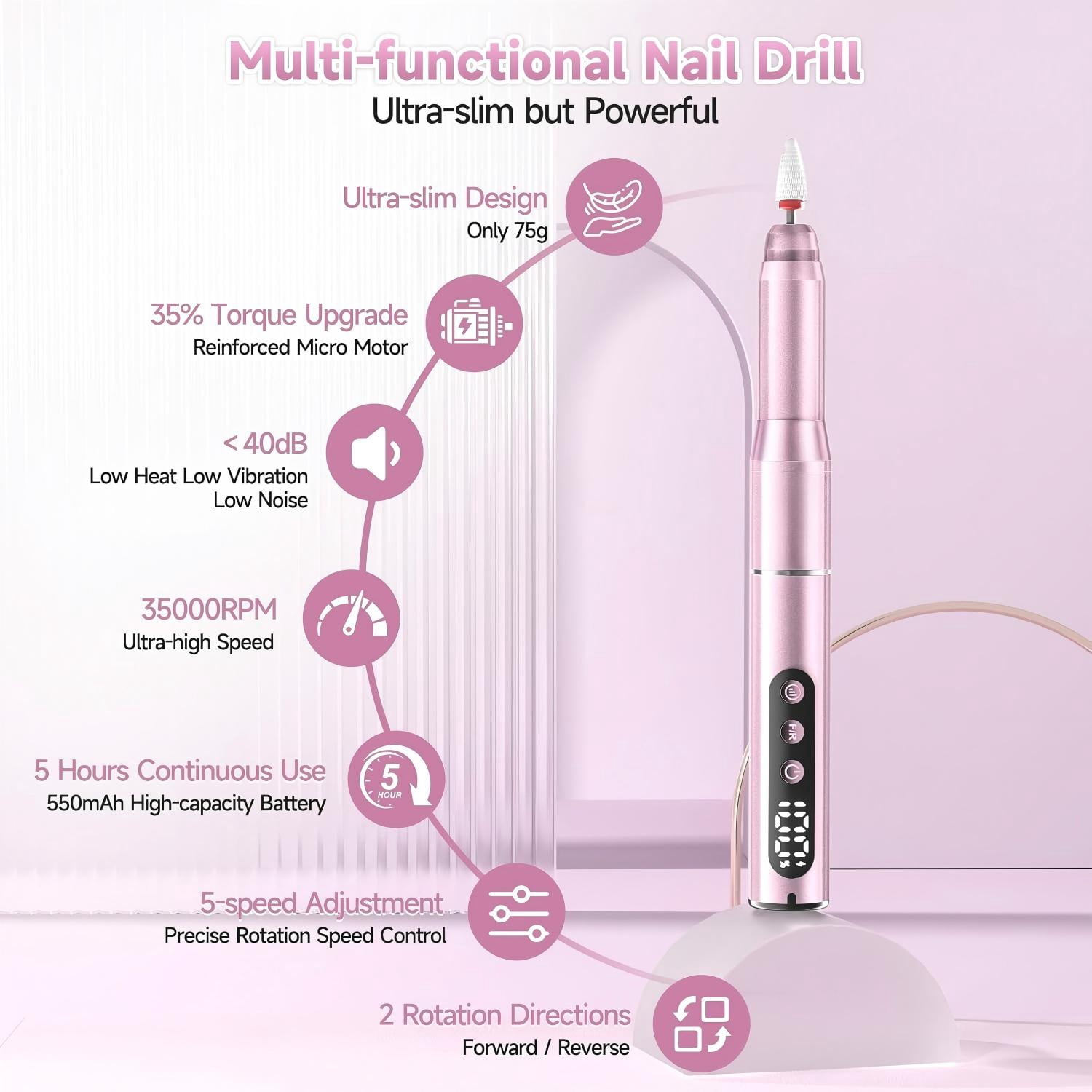 Cordless Electric Nail Drill, 35,000 RPM Rechargeable Nail Drill Machine with 12 Nail Drill Bits, Portable Electric Nail File with LCD Display for Acrylic and Gel Nails, Manicure & Pedicure, Pink