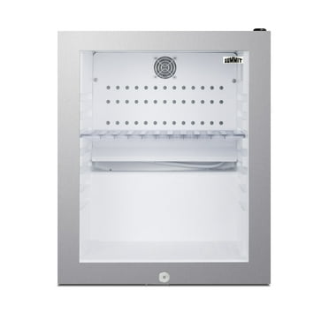 Commercially listed 5.5 cu.ft. counter height beverage center in a 24" footprint, with black cabinet, glass door, thin stainless steel handle, and lock