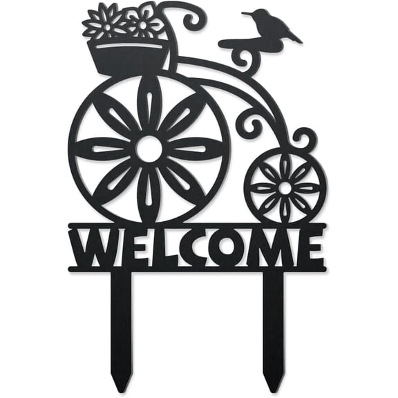 Welcome Metal Decorative Garden Stakes Welcome Yard Sign with Stakes Bike with Flowers Metal Outdoor Statues Black Bicycle Outdoor Stakes Decor for Yard Garden Patio Lawn Walkways Ornaments Black DIY