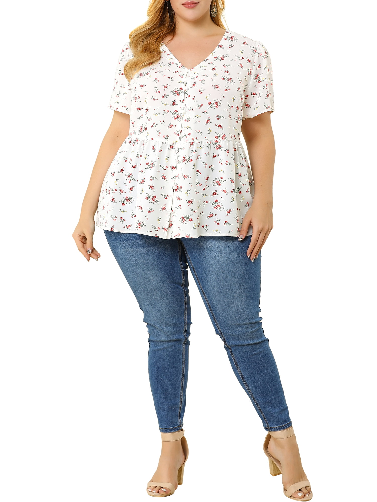 Unique Bargains Juniors' Plus Size V Neck Ruffle Hem Cinched Waist Floral Peplum Top 2X White