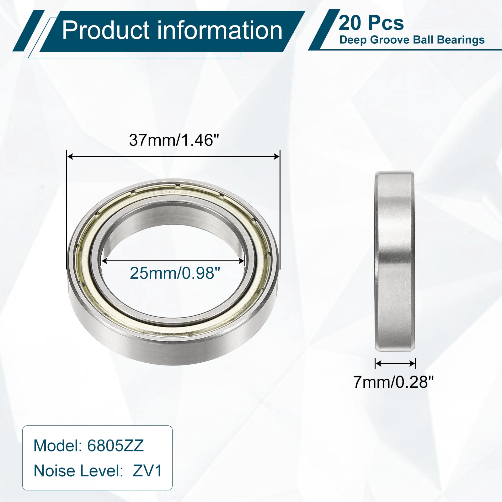 Uxcell 20 Pack 6805ZZ Deep Groove Ball Bearings, 25 x 37 x 7mm Silent Chrome Steel Double Shield Bearing for Electric Motor, Home Appliances, Industrial Machinery