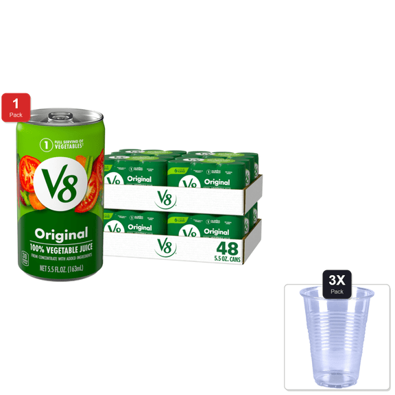 1 Pack | V8 Original 100% Vegetable Juice, 5.5 Fl Oz Can (48 Pack) & 3x Disposable Cup