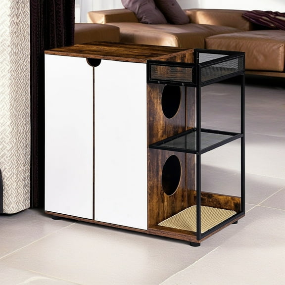 Demi Bonn 34" Cat Litter Box Enclosure, Hidden Litter Box Furniture, Wooden Cat House Washroom, Storage Cabinet for Living Room, Bedroom, Brown