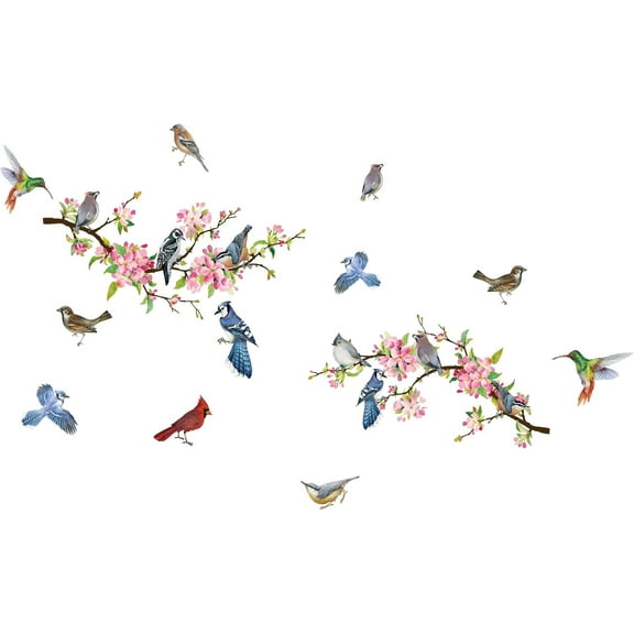 Colorful Birds On Tree Decals Branch Wall Stickers Peach Blossom DIY Vinyl Wall Art