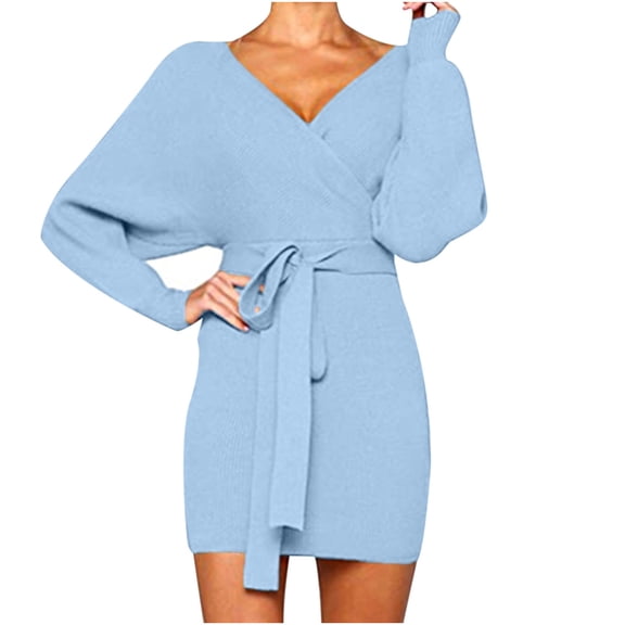 Women's Fall Spring Dresses Solid Color V Neck Tie Front Long Sleeve Wrap Dress Casual Slim Fit Mini Pencil Dress Ladies Clothes