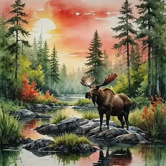 Diamond Art Kits for Adult Moose, Diamond Painting Kits for Adults Beginners, 5D DIY Full Drill Round Diamond Gem Art Craft Painting for Home Wall Decor 12x12 Inch