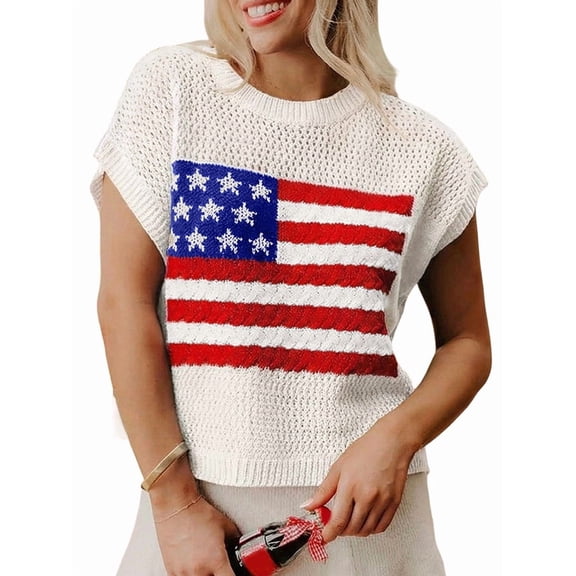 Women's Knit Loose Fit Crop American Flag Cap Sleeve Tops Crew Sweater for Daily Wear White S