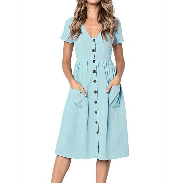 Women's Summer Short Sleeve V Neck Button Down Swing Midi Dress with ...