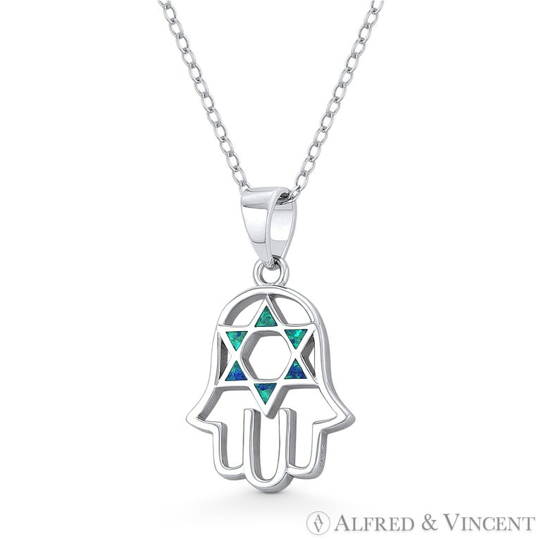 Hamsa Hand & Lab-Opal Star of David Charm Evil Eye Pendant