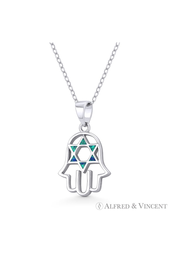Hamsa Hand & Lab-Opal Star of David Charm Evil Eye Pendant & Necklace in .925 Sterling Silver w/ Rhodium